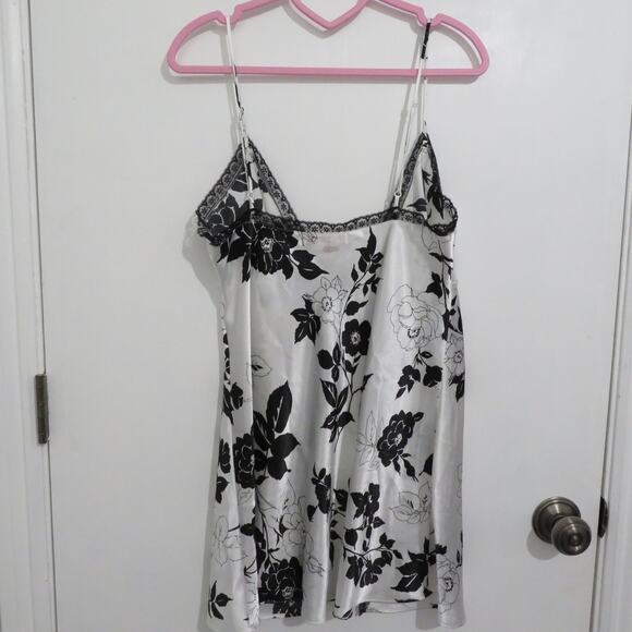 Victoria's Secret Womens Sz M Black White Floral Front Tie Vintage Satin Slip - Picture 2 of 6